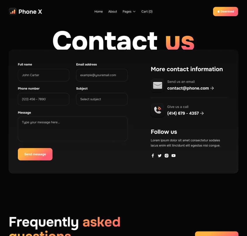 Phone X - Contact V1 Page - Dark Mode App Webflow Template
